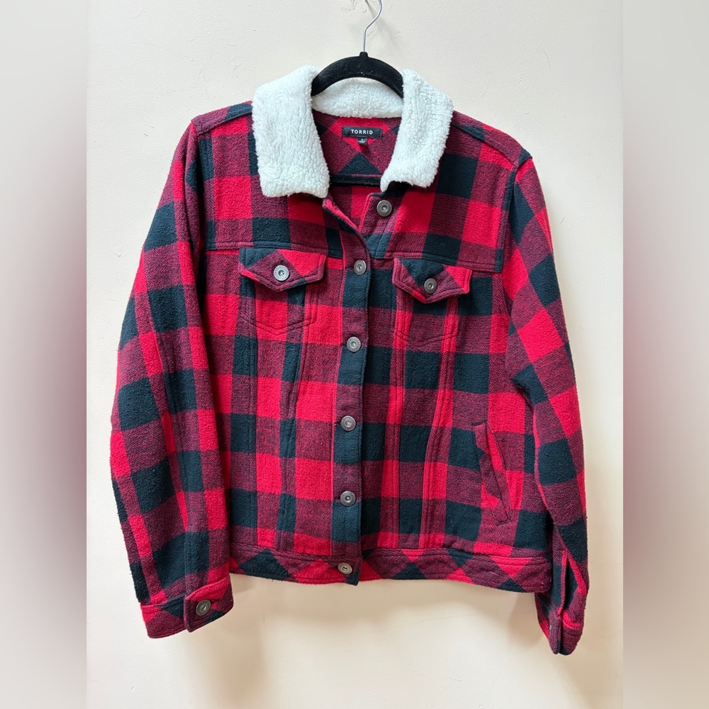 Torrid Red and Black Plaid Jacket with White Collar‎ plus-size